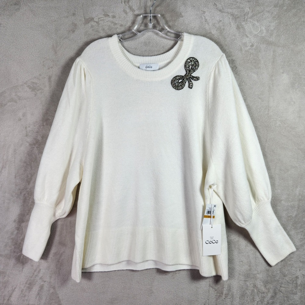 CeCe Beaded Bow Pullover Sweater Womens 3X Antique White Puff Sleeve Knit Office